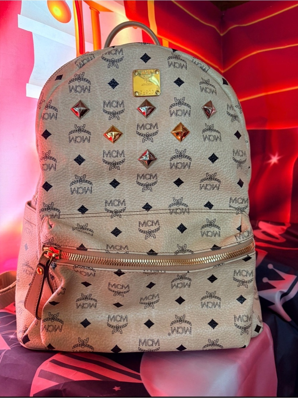 MCM Beige Visetos Logo Studded Backpack with Gold Plaque